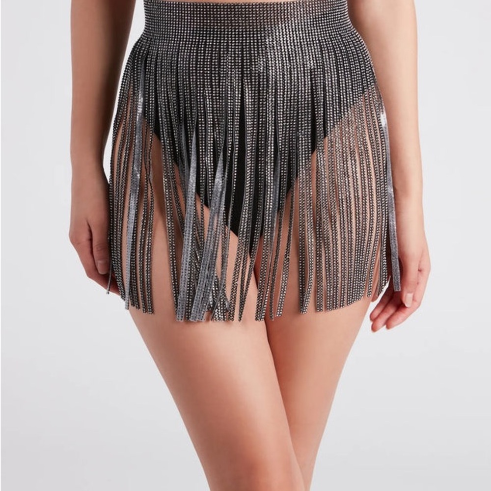 12th Tribe Black Beaded Rhinestone Fringe Skirt XS/S